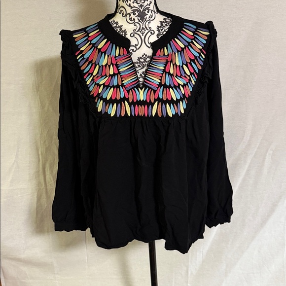 JODIFL Tops - JODIFL Boho Chic V-Neck Embroidered Colorful Peasant Black Blouse Fun Modern 1X
